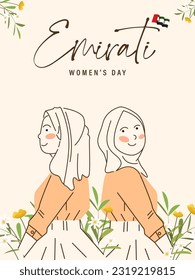 Emirates Women's Day Design with Female with Hijab Vector Illustration. Emirati Womens Day Template Suitable for Poster Banner Flyer Background. UAE Women's Day August.