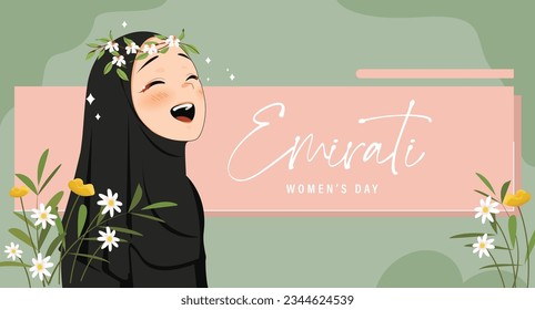 Emirates Women's Day Design with Female with Hijab Vector Illustration. Emirati Womens Day Template Suitable for Poster Banner Flyer Background. UAE Women's Day August.