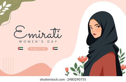 Emirates Women's Day Design mit Weiblich mit Hijab-Vektorillustration. Emirati Womens Day Vorlage Geeignet für Poster Banner Flyer Hintergrund. In: UAE Women's Day August.