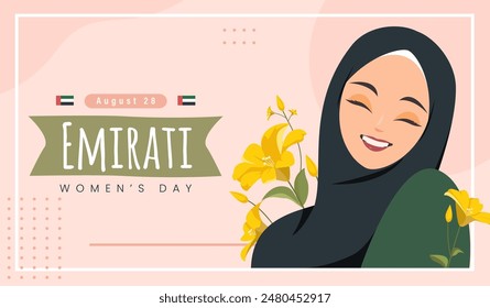 Emirates Women's Day Design mit Weiblich mit Hijab-Vektorillustration. Emirati Womens Day Vorlage Geeignet für Poster Banner Flyer Hintergrund. In: UAE Women's Day August.