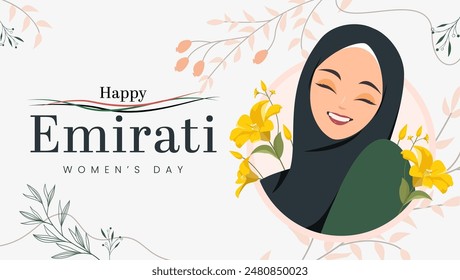 Emirates Women's Day Design with Female with Hijab Vector Illustration. Emirati Womens Day Template Suitable for Poster Banner Flyer Background. UAE Women's Day August.