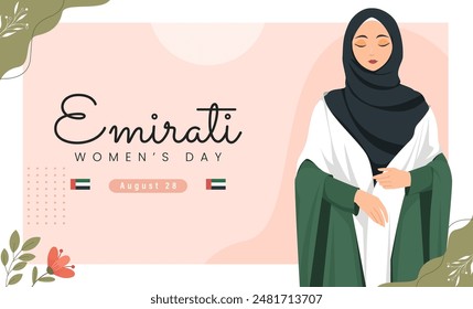 Emirates Women's Day Design with Female with Hijab Vector Illustration. Emirati Womens Day Template Suitable for Poster Banner Flyer Background. UAE Women's Day August.