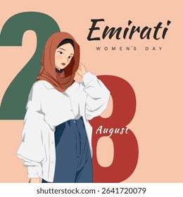 Emirates Women's Day Design with Female with Hijab Vector Illustration. Emirati Womens Day Template Suitable for Poster Banner Flyer Background. UAE Women's Day August.