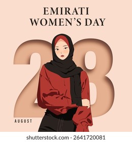 Emirates Women's Day Design with Female with Hijab Vector Illustration. Emirati Womens Day Template Suitable for Poster Banner Flyer Background. UAE Women's Day August.