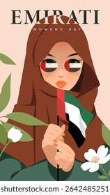 Emirates Women's Day Design with Female with Hijab Vector Illustration. Emirati Women's Day Template Suitable for Poster Banner Flyer Background. UAE Women's Day August.