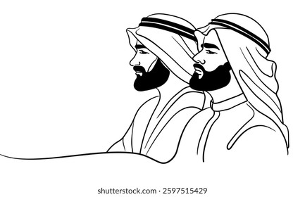 Emirati 2 mans in traditional clothes, continuous line art drawing. Muslim in a hijab. Vector illustration isolated on white background.