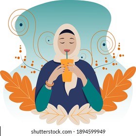 emirati arabic young muslim woman in the white beautiful hijab and abaya from united arab emirates faceless best islamic model drinking tae or coffee or fresh juice