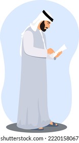 Emirati business man in traditional dress kandura and Dishdasha, holding documents or contract from Dubai, United Arab Emirates or Saudi Arabia