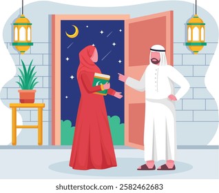 Emirati couple Talking About upcoming Festival concept Evening Gatherings During Eid Holidays vector icon design ramadan ied al-Fitr Banner, Muslim fasting month scene Arabs home Interior illustration