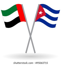 Emirati and Cuban crossed flags. United Arab Emirates combined with Cuba isolated on white. Language learning, international business or travel concept.