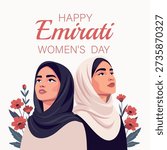 Emirati Women’s Day. Vector banner with space for text. Two Arab Muslim women wearing hijabs look up against a light background with flowers. Symbols of dignity, empowerment. For holidays, cultural