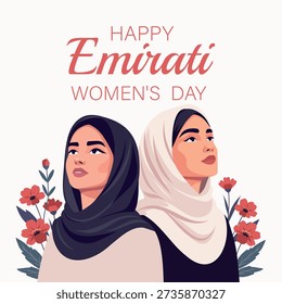 Emirati Women’s Day. Vector banner with space for text. Two Arab Muslim women wearing hijabs look up against a light background with flowers. Symbols of dignity, empowerment. For holidays, cultural