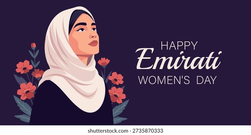 Emirati Women’s Day. Vector banner with space for text. Muslim woman, wearing a hijab, looks up against a dark purple background with flowers. Calm, dignity, empowerment. For festive, cultural project