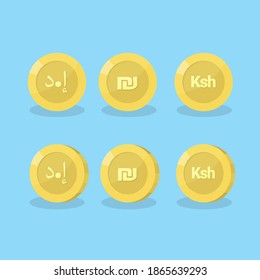 Emirati Dirham, Israeli Shekel, Kenyan Shilling Coin Currency Symbol Flat Design