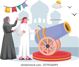 Emirati Iftar Canon firing Tradition concept, indication the time of Ifthar to break Fast vector icon design,  ramadan and Eid al-Fitr Banner, Muslim fasting month scene, Arabic holidays illustration