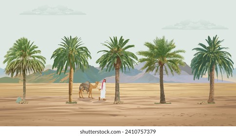 Emirati man with camel walking in the middle of dessert oasis palm tree illustration