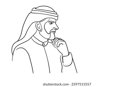 Emirati man in traditional clothes, continuous line art drawing. Muslim in a hijab. Vector illustration isolated on white background.