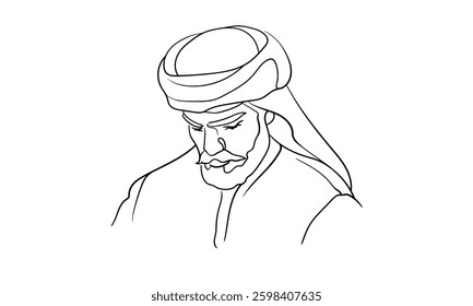 Emirati man in traditional clothes, continuous line art drawing. Muslim in a hijab. Vector illustration isolated on white background.