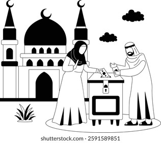 Emirati Muslim Couple Donating Money in front of Mosque concept, Pillars of Islam Charity vector icon design Ramazan and Eid al-Fitr sign, Muslim fasting month story, Arabic holidays illustration