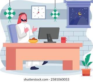 Emirati Muslim doing dua before breaking the fast concept, Ifarti time at Workplace vector Icon design, observing ramadan Eid al-Fitr Banner, Muslim fasting month scene, Arabic holidays illustration