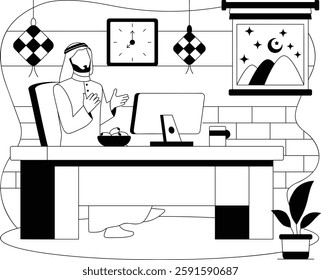 Emirati Muslim doing dua before breaking the fast concept, Ifarti time at Workplace vector Icon design, observing Ramazan Eid al-Fitr sign, Muslim fasting month story, Arabic holidays illustration