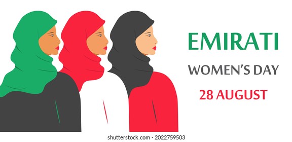 Emirati Women's Day concept vector. Beautiful arabian ladies in hijab are standing together. Green, red colorful clothes in UAE flag symbol.
