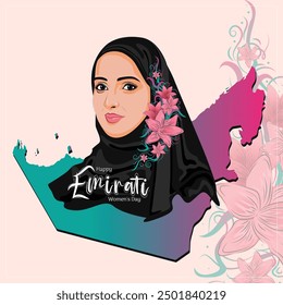 Emirati women's day design with female hijab, vector illustration. UAE women's day template. Poster Banner, Flyer social media background