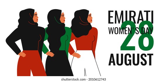 Emirati Women's day greeting background with text. Muslim business women in hijab stand together. Vector illustration. Holiday concept