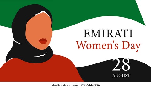 Emirati Women's day greeting card with Young arab woman wearing black hijab. Muslim girl stands against the UAE flag. Vector illustration. Holiday concept