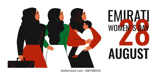 Emirati Women's Day Greeting Card. Muslim Mother With Child, Businesswoman And Arabian Girl In Hijab Stands Together. Vector Illustration. Holiday Concept