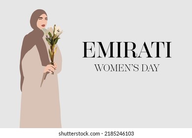 Emirati Women's day greeting card. Fashion arabic muslim woman in hijab and abaya. Stylish islamic model in hijab. Illustration of a young arab emirati woman in traditional dress with flowers in hands