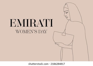 Emirati Women's day greeting card. Fashion arabic muslim woman in hijab and abaya. Stylish islamic model in hijab. Line art illustration of a young arab emirati woman in traditional dress with bag