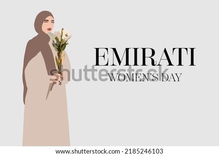 Emirati Women's day greeting card. Fashion arabic muslim woman in hijab and abaya. Stylish islamic model in hijab. Illustration of a young arab emirati woman in traditional dress with flowers in hands Foto d'archivio © 