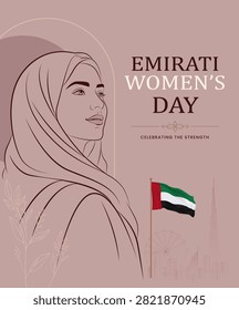 Emirati Women's Day Poster Design with Hijabi Girl Illustration in Line Art Style Over Pink Background 
