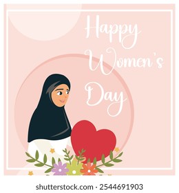 Día de la mujer emiratí con mujeres en hiyabs. Decoración de coloridos símbolos de corazón y flores. Concepto del Mes de la Historia de la Mujer 2025. Ilustración vectorial plana.