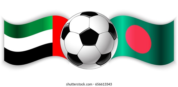 Emirian and Bangladeshi wavy flags with football ball. United Arab Emirates combined with Bangladesh isolated on white. Football match or international sport competition concept.