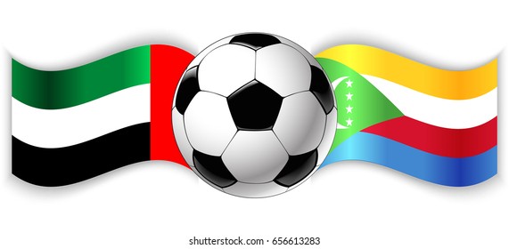 Emirian and Comoran wavy flags with football ball. United Arab Emirates combined with Comoros isolated on white. Football match or international sport competition concept.