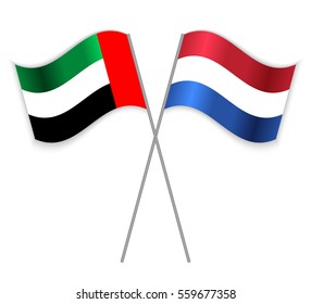 Emirian and Dutch crossed flags. United Arab Emirates combined with Netherlands isolated on white. Language learning, international business or travel concept.