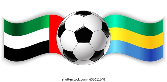 Emirian and Gabonese wavy flags with football ball. United Arab Emirates combined with Gabon isolated on white. Football match or international sport competition concept.