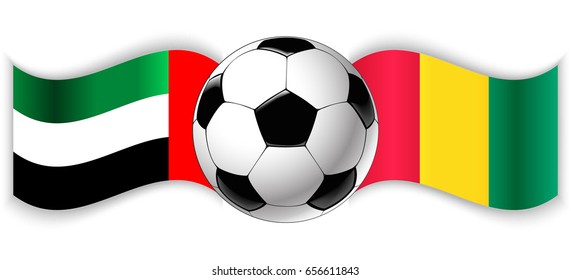 Emirian and Guinean wavy flags with football ball. United Arab Emirates combined with Guinea isolated on white. Football match or international sport competition concept.