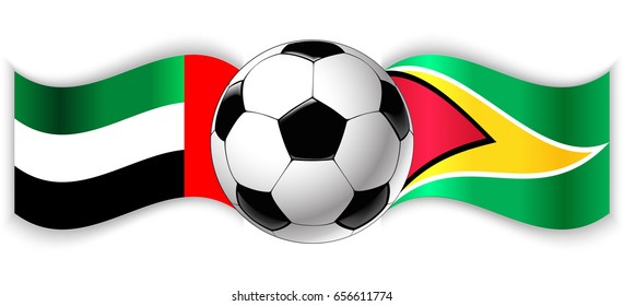 Emirian and Guyanese wavy flags with football ball. United Arab Emirates combined with Guyana isolated on white. Football match or international sport competition concept.