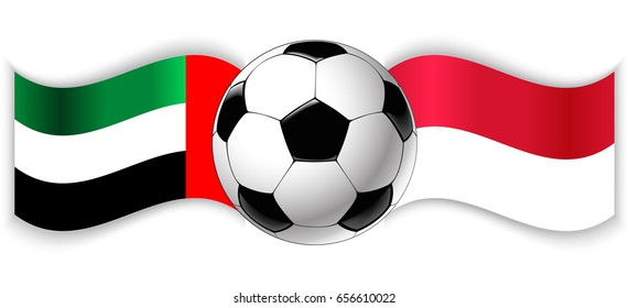 Emirian and Monegasque wavy flags with football ball. United Arab Emirates combined with Monaco isolated on white. Football match or international sport competition concept.