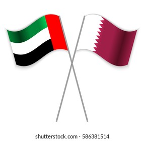 Emirian and Qatari crossed flags. United Arab Emirates combined with Qatar isolated on white. Language learning, international business or travel concept.