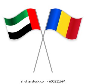 Emirian and Romanian crossed flags. United Arab Emirates combined with Romania isolated on white. Language learning, international business or travel concept.