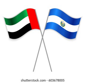 Emirian and Salvadoran crossed flags. United Arab Emirates combined with El Salvador isolated on white. Language learning, international business or travel concept.