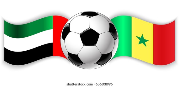 Emirian and Senegalese wavy flags with football ball. United Arab Emirates combined with Senegal isolated on white. Football match or international sport competition concept.