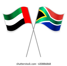 Emirian and South African crossed flags. United Arab Emirates combined with South Africa isolated on white. Language learning, international business or travel concept.