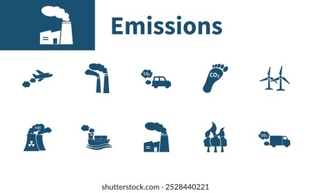 Emission icon. Set of solid vector icons on the theme of industry, factory, CO2, environment, climate change.