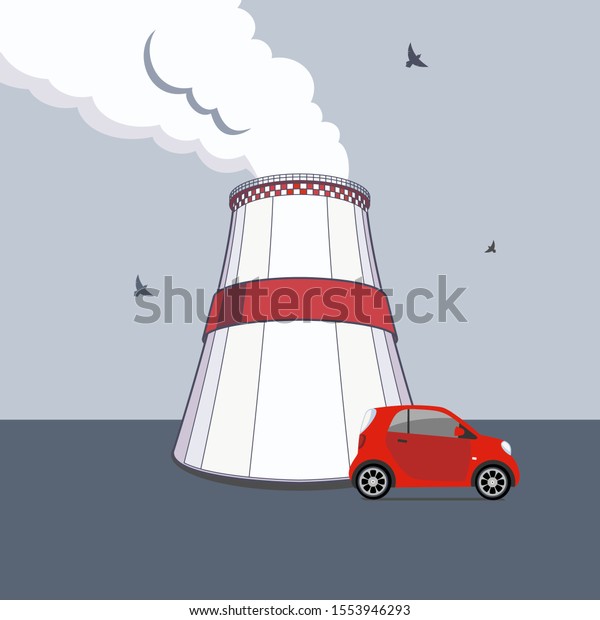 Emission pollutions factory and\
car. Cooling towers vector industrial energy. Ecology\
concept.