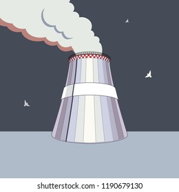 Emission pollutions factory. Cooling towers vector industrial energy. CO2 greenhouse, smoking cooling towers in dark colors. Smoking pipes of thermal power plant, emission smoke clouds, birds, highway